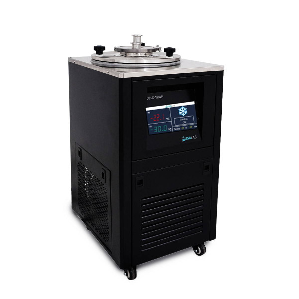 mechanical cold trap with stainless steel body and glass insert options for efficient vapor and solvent condensation at -30 °C.