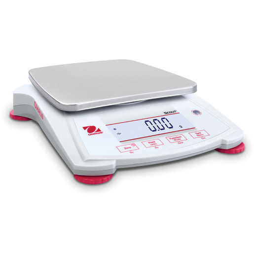 OHAUS Scout™ SPX portable balance with large stainless steel weighing pan, digital LCD display, and compact design for precise laboratory weighing.