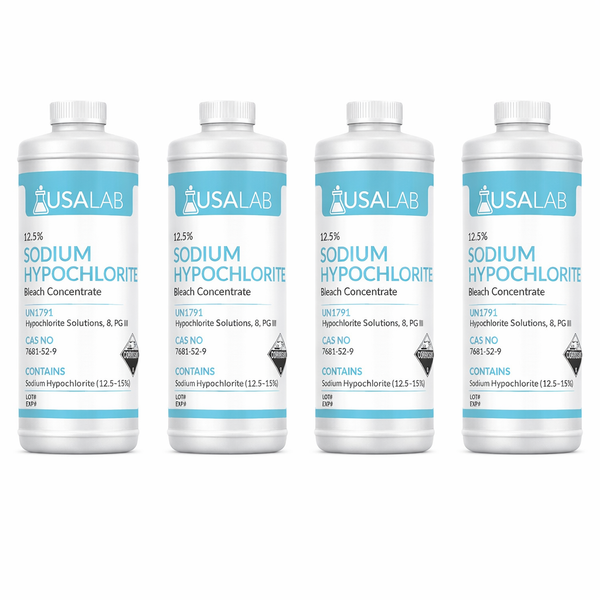 Four quart bottles of 12.5% sodium hypochlorite bleach concentrate with hazard labels