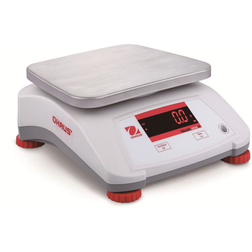 OHAUS Valor™ 2000 V22PWE15T water-resistant food scale with stainless steel platform, dual LED displays, and IPX8 washdown design.