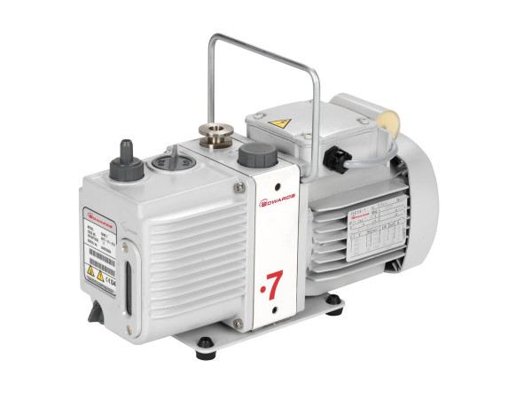 Edwards E2M0.7 two-stage rotary vane vacuum pump, compact benchtop design with DN 10 ISO-KF inlet, quiet 43 dB operation, and IEC power connector.
