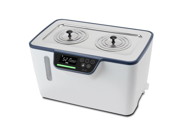 5 L digital water bath with touch LCD, adjustable lid, stainless tank, and water level viewing window
