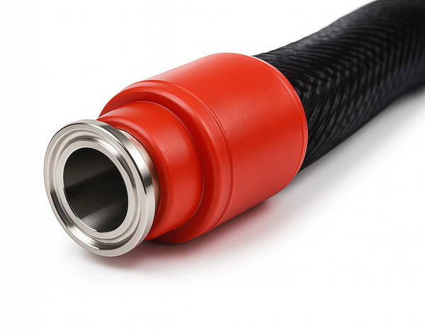 “Insulated 1.5 inch Tri-Clamp stainless steel braided hose with thermal insulation jacket, shown coiled, rated to 300 °C