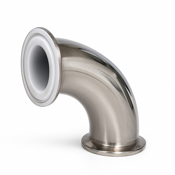 USA Lab PTFE/ETFE/PFA lined 90-degree Tri Clamp elbow fitting, shown in stainless steel with a white fluoropolymer lining – available in 1.5-inch and 2-inch TC sizes for sanitary applications.