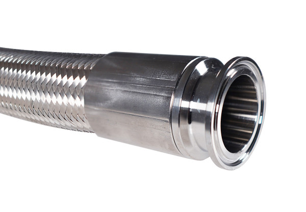 USA Lab 3-inch PTFE Lined Stainless Steel Braided Tri-Clamp Hose – heavy-duty sanitary hose with PTFE fluoropolymer lining and stainless braid, ideal for high-pressure corrosive or solvent-based processing lines.