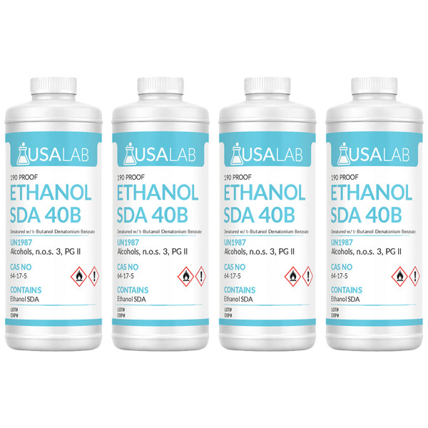 Four bottles of USA Lab ethanol SDA 40B 190 proof denatured alcohol