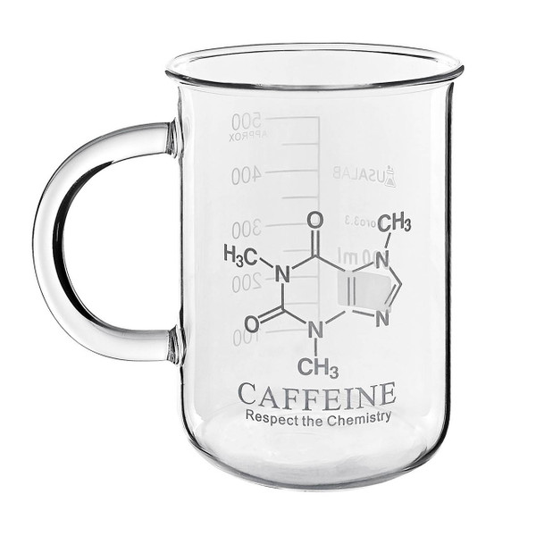 USA Lab beaker-style glass coffee mug with caffeine molecule design and measurement markings on a white background