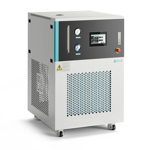 “USA Lab closed-loop recirculating chiller with digital controller, pressure gauges, and wheeled cabinet for laboratory and industrial process cooling