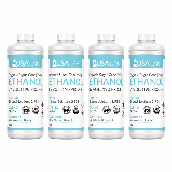 Organic Sugar Cane Ethanol 190 Proof quart bottles lineup with USA Lab labeling
