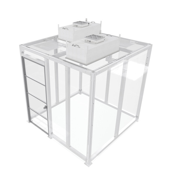 Sentry Air Systems Quick Ship Walk-in Modular Cleanroom with clear polycarbonate walls, steel frame, access door, and dual ceiling-mounted fan filter units