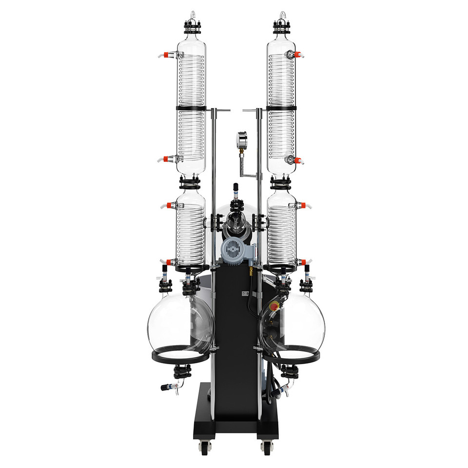 Side view of USA Lab 50L Dual Set-up Explosion Proof Rotary Evaporator EXRDS-1050 with support frame and glassware
