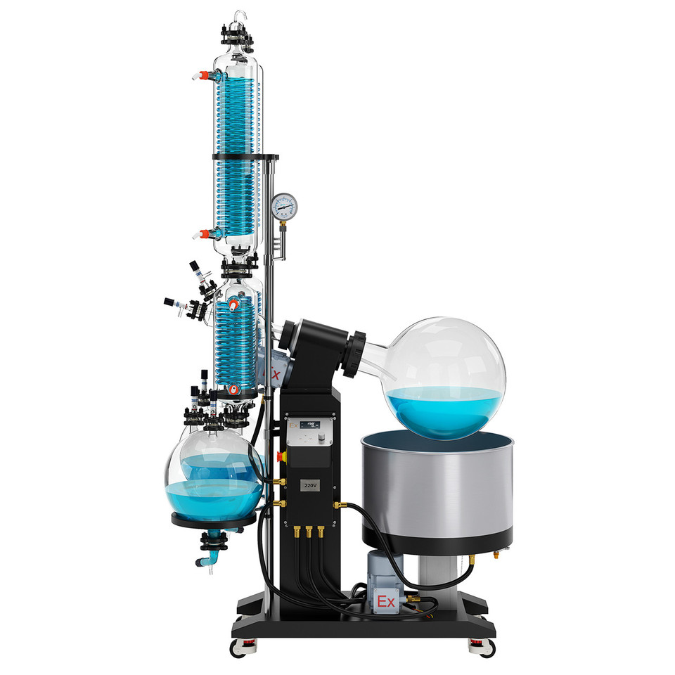 Front view of USA Lab 50L Dual Set-up Explosion Proof Rotary Evaporator EXRDS-1050 showing glass reactor filled with solvent