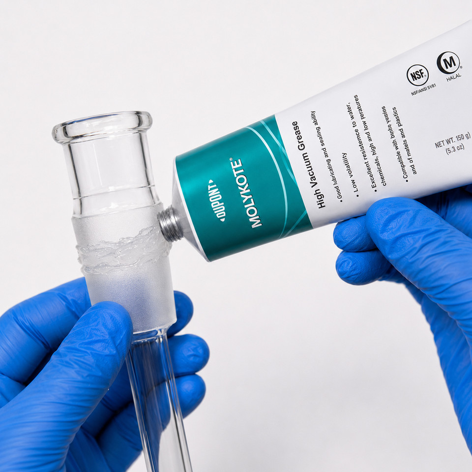 Applying DuPont MOLYKOTE High Vacuum Grease to a frosted laboratory glass joint while wearing blue nitrile gloves