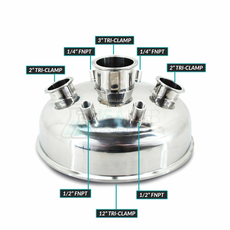 12" Hemispherical Lid 2x 2" Tri-Clamp 1x 3" Tri-Clamp 2x 1/4" FNPT 2x 1/2" FNPT