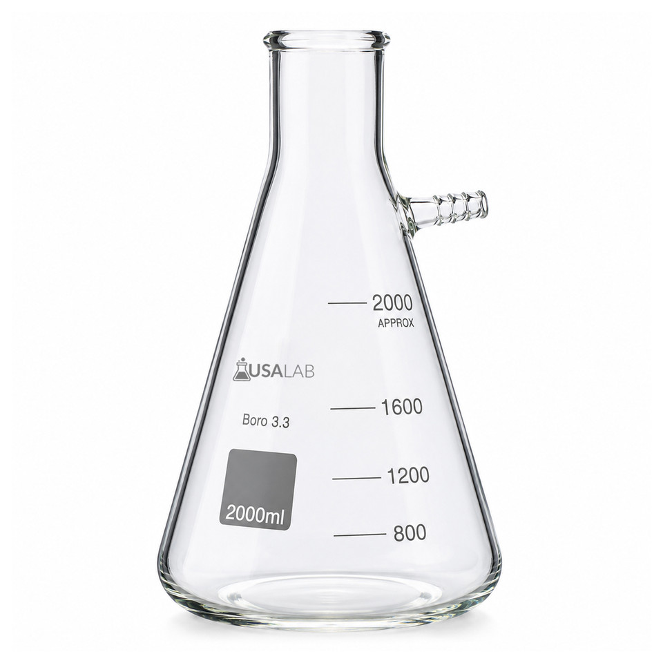 USA Lab Borosilicate 3.3 heavy-wall filter flask with 1/2-inch hose barb, available in 1L, 2L, and 5L sizes.