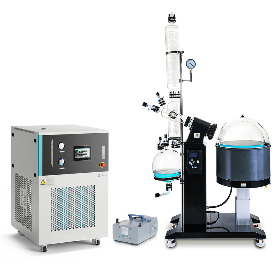 USA Lab 20L RE-1020 rotary evaporator system with ETL recirculating chiller and diaphragm vacuum pump, featuring dual condenser glass setup and heated water bath for efficient solvent recovery