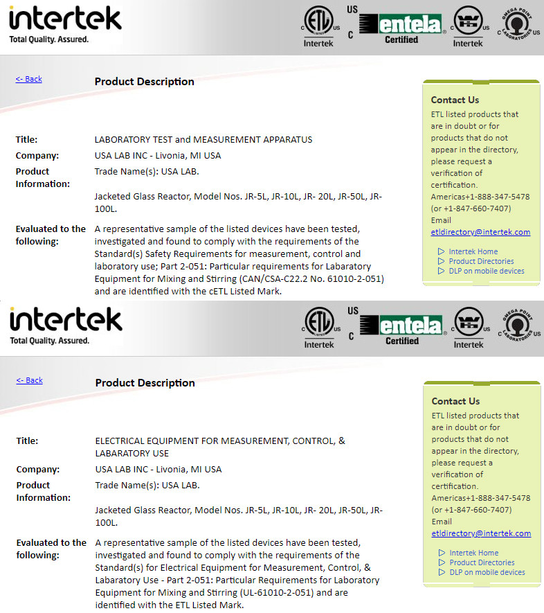 USA Lab 20L Single Jacketed Glass Reactor (Optional ETL, Explosion Proof & Pneumatic Mixers)