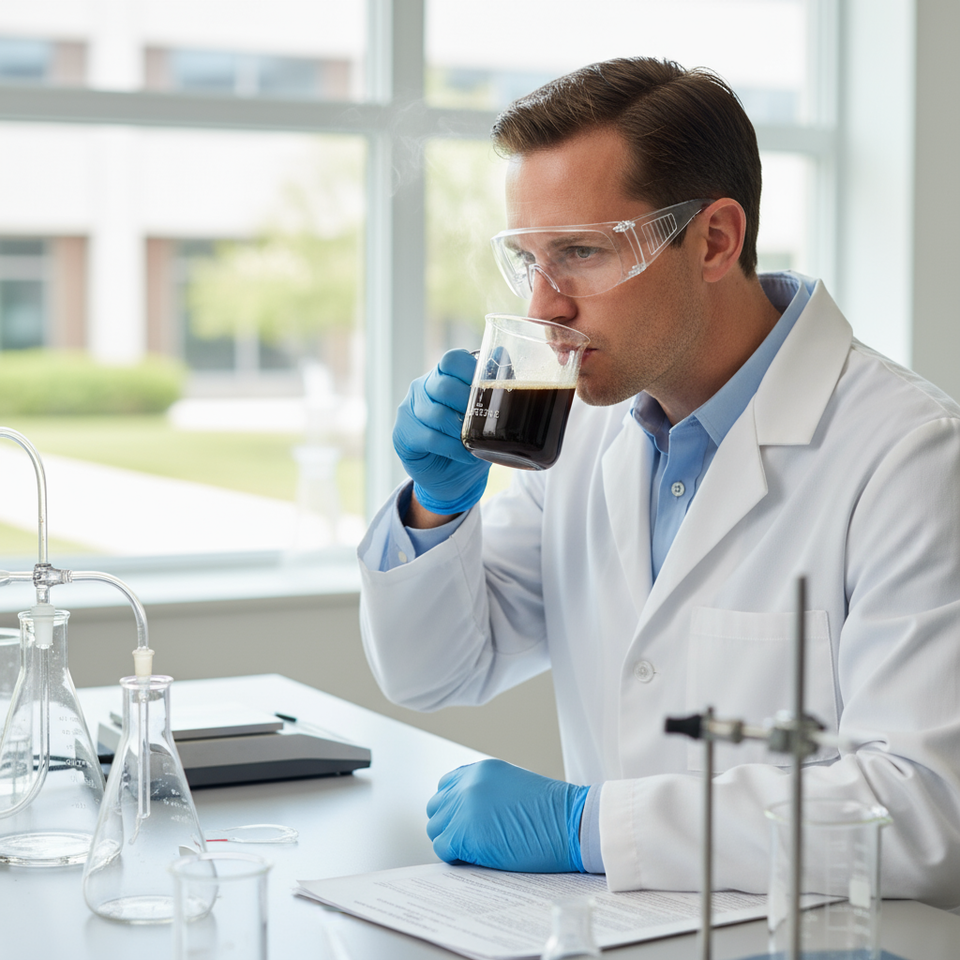 Scientist in white lab coat drinking coffee from a USA Lab beaker mug with caffeine molecule design in a bright modern laboratory