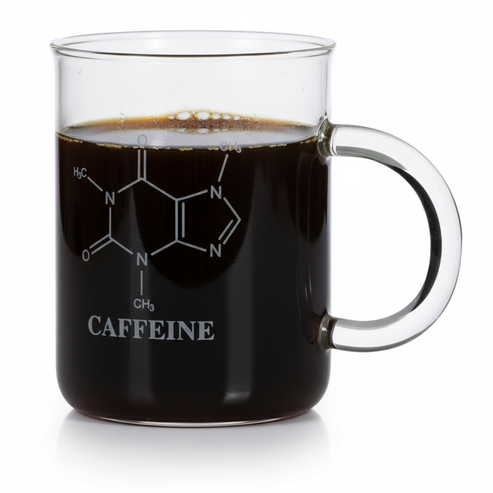USA Lab beaker-style coffee mug filled with black coffee, featuring caffeine molecule design and glass measurement markings on white background
