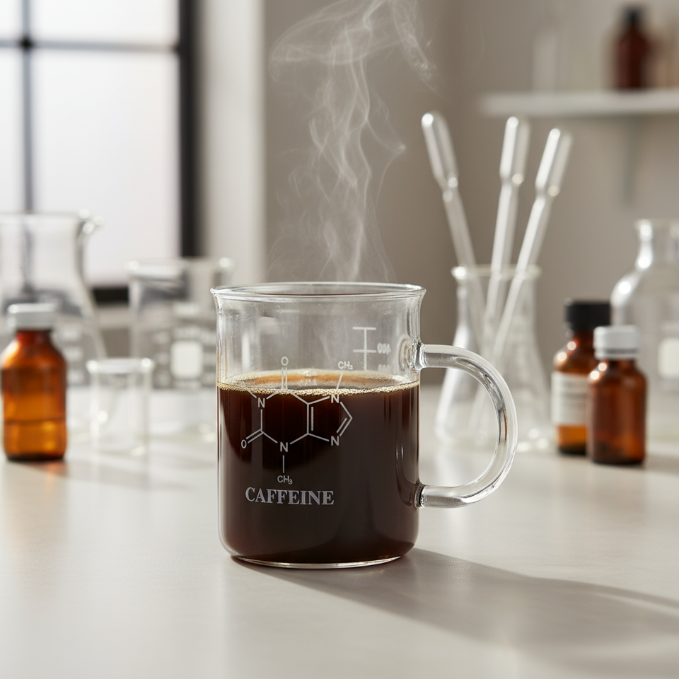 Transparent USA Lab beaker coffee mug filled with hot coffee on a laboratory table surrounded by glass beakers and lab equipment