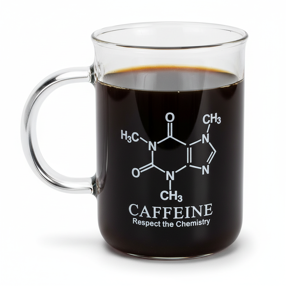 Glass beaker-style coffee mug filled with black coffee and labeled with a caffeine molecule design
