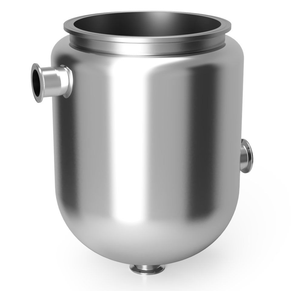 Stainless steel jacketed reducer vessel with a large open top, side Tri-Clamp ports, and a bottom drain connection on a light gray background