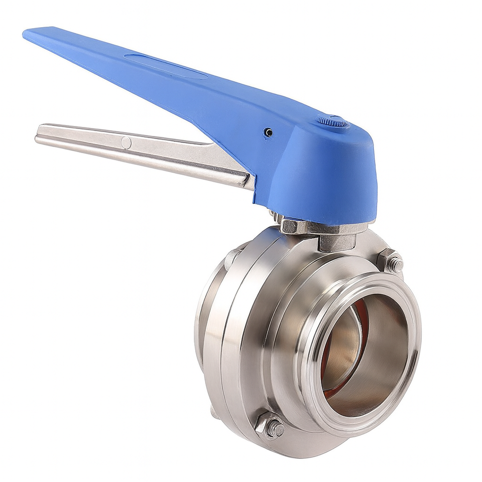 USA Lab stainless steel Tri-Clamp butterfly valve with blue lever handle – polished sanitary valve for precise fluid control in laboratory, chemical, food, and process applications.