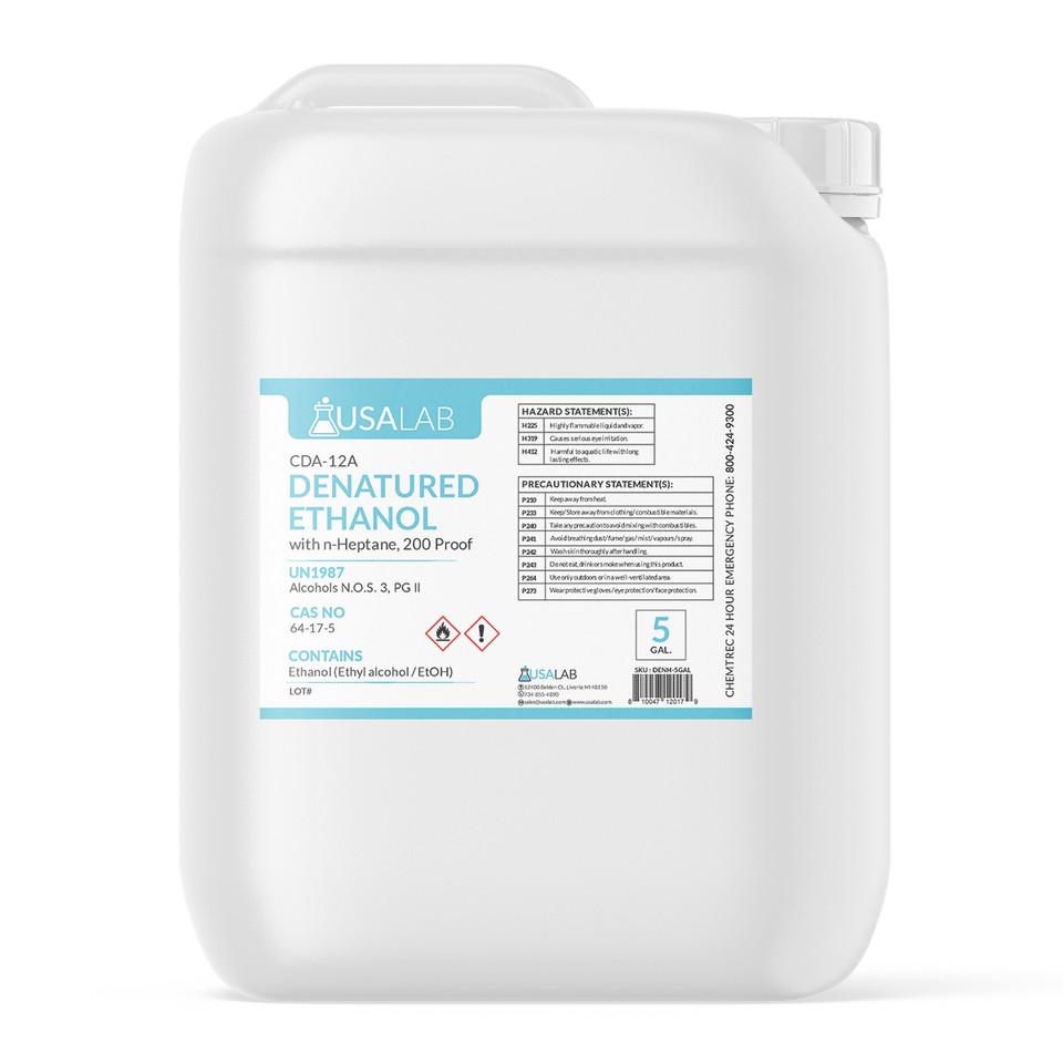 USA Lab High Purity CDA 12-A 200 Proof denatured ethanol with n-heptane — 5 gallon pail, front label view, bulk denatured ethanol for manufacturing