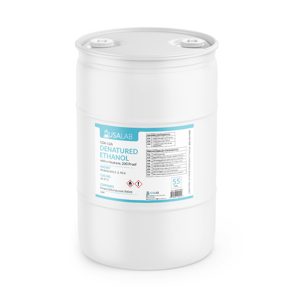 USA Lab High Purity CDA 12-A 200 Proof denatured ethanol with n-heptane — 55 gallon drum, front label view, large-volume industrial solvent supply