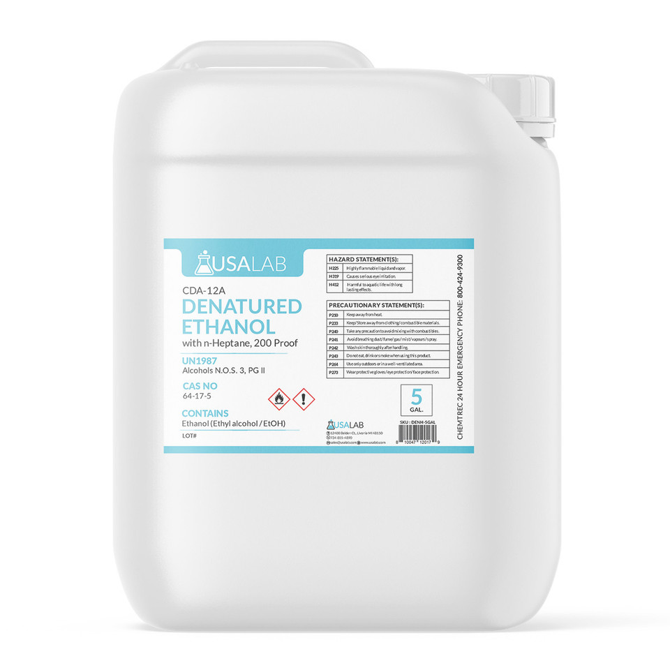 USA Lab High Purity CDA 12-A 200 Proof denatured ethanol with n-heptane — 5 gallon pail, front label view, bulk denatured ethanol for manufacturing