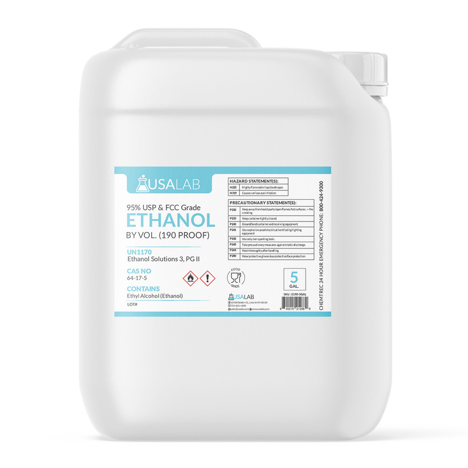 5-gallon blue or white plastic carboy containing USA Lab 190 Proof USP Ethanol 95%, industrial-grade ethyl alcohol for lab, pharmaceutical, or extraction use, excise tax included