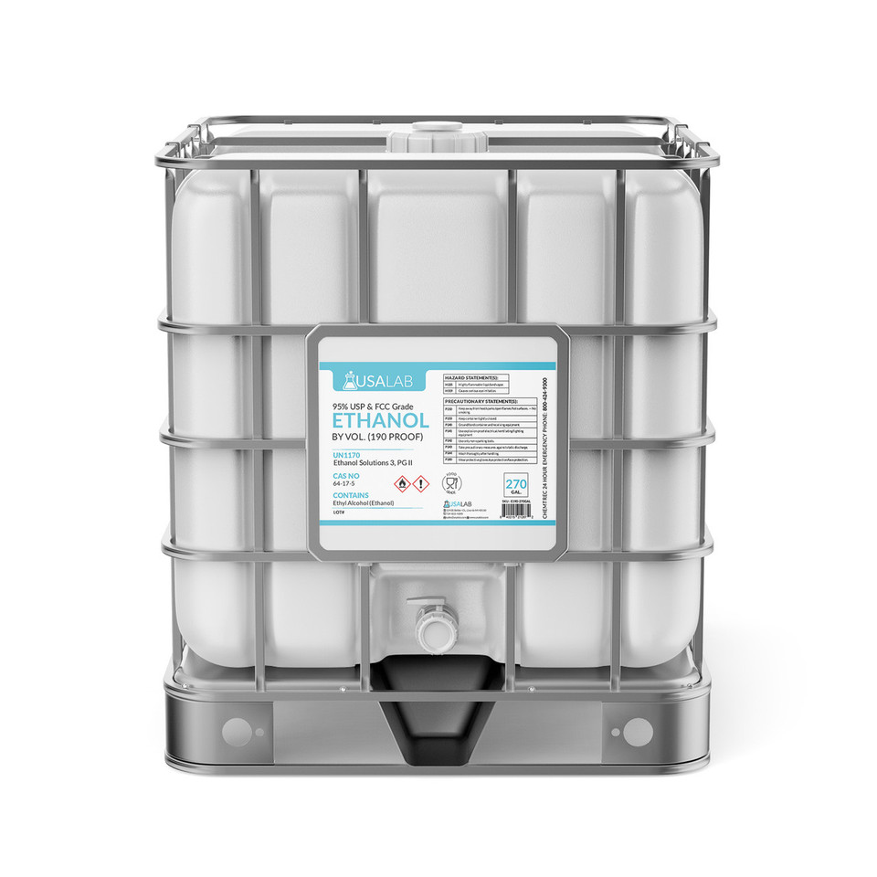 270-gallon IBC tote of USA Lab 190 Proof Ethanol USP 95%, bulk high-purity anhydrous ethanol in a large intermediate bulk container with hazard placards and labeling, excise tax included
