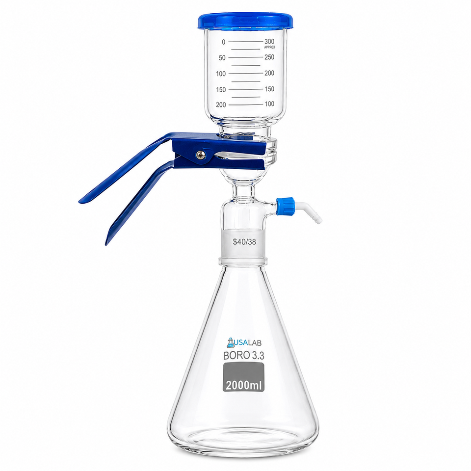 USA Lab Glass Vacuum Filtration Kit with 40/38 Glass Joint Connection – complete laboratory filtration assembly including borosilicate glass funnel, flask, adapter, and vacuum port designed for precise solvent and particulate separation.