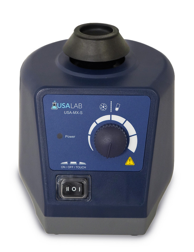 "USA Lab USA-MX-S Vortex Mixer – compact blue laboratory mixer with adjustable speed control knob, rubber mixing cup, and power switch for touch or continuous operation, designed for efficient sample agitation on benchtops."
