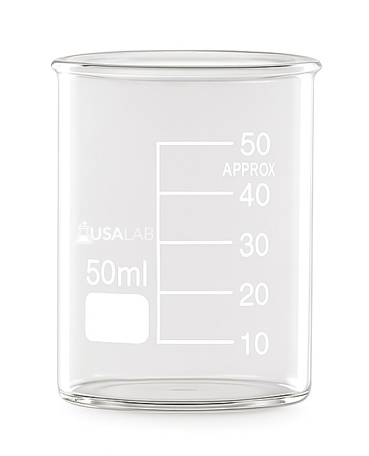 "USA Lab 50ml Shot Glass Beaker – clear borosilicate glass with white ‘Influenced by Alcohol’ text and ethanol molecule graphic, designed to resemble a laboratory beaker for a fun science-themed drinkware piece."