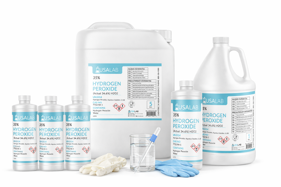 USA Lab Hydrogen Peroxide 35% product lineup including quart bottles, 1 gallon jug, and 5 gallon container
