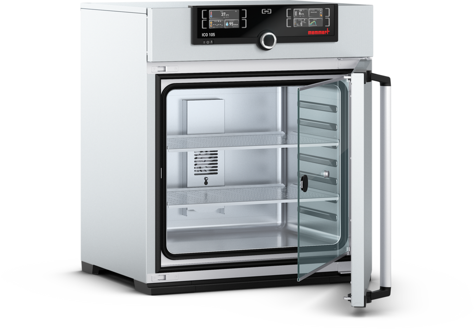 Memmert ICO105 CO₂ incubator – 107 L laboratory incubator with touch control, CO₂ regulation, and humidity monitoring.