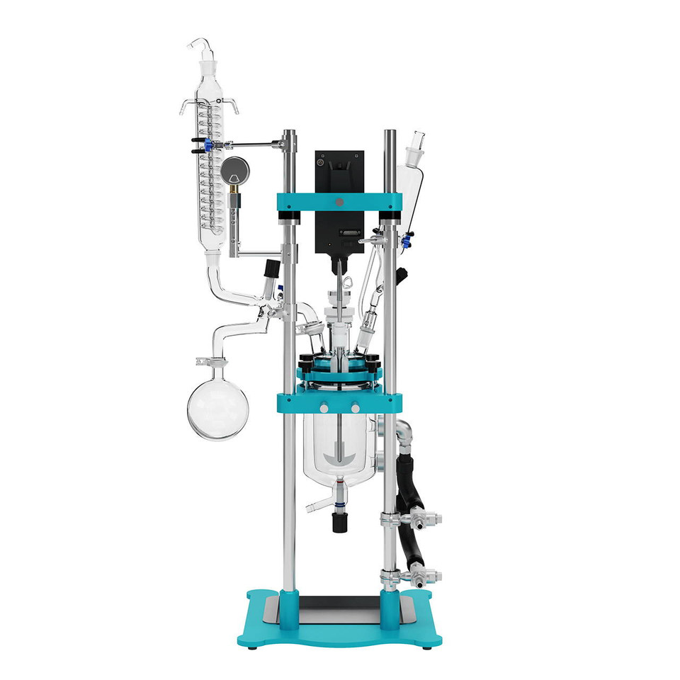 ack view of USA Lab 1L Benchtop Glass Reactor JRBT-1 with connections and support structure