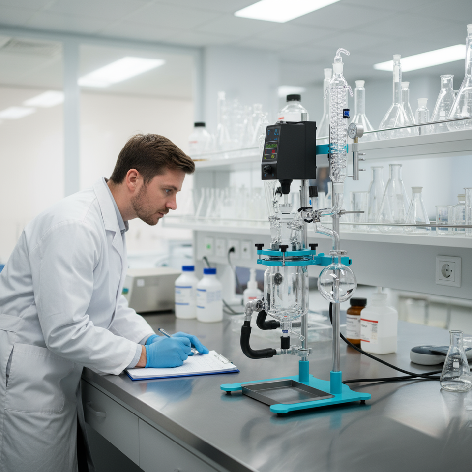 Scientist in a white lab coat taking notes beside a USA Lab 1L benchtop glass reactor JRBT-1 operating in a clean, professional laboratory setting