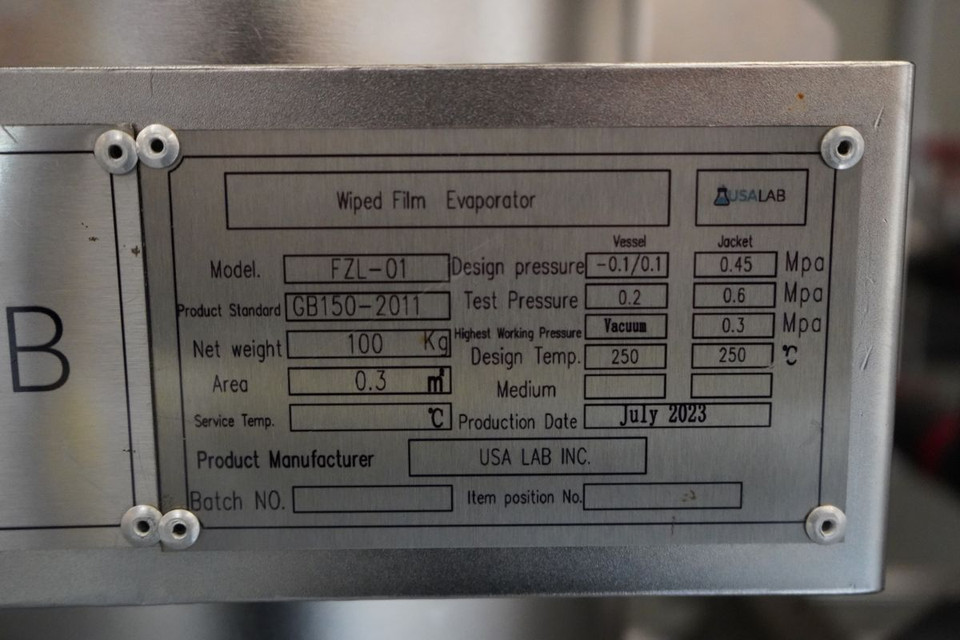 USA Lab 8"  Dual Stage Wiped Film Evaporator  0.3m²- USED