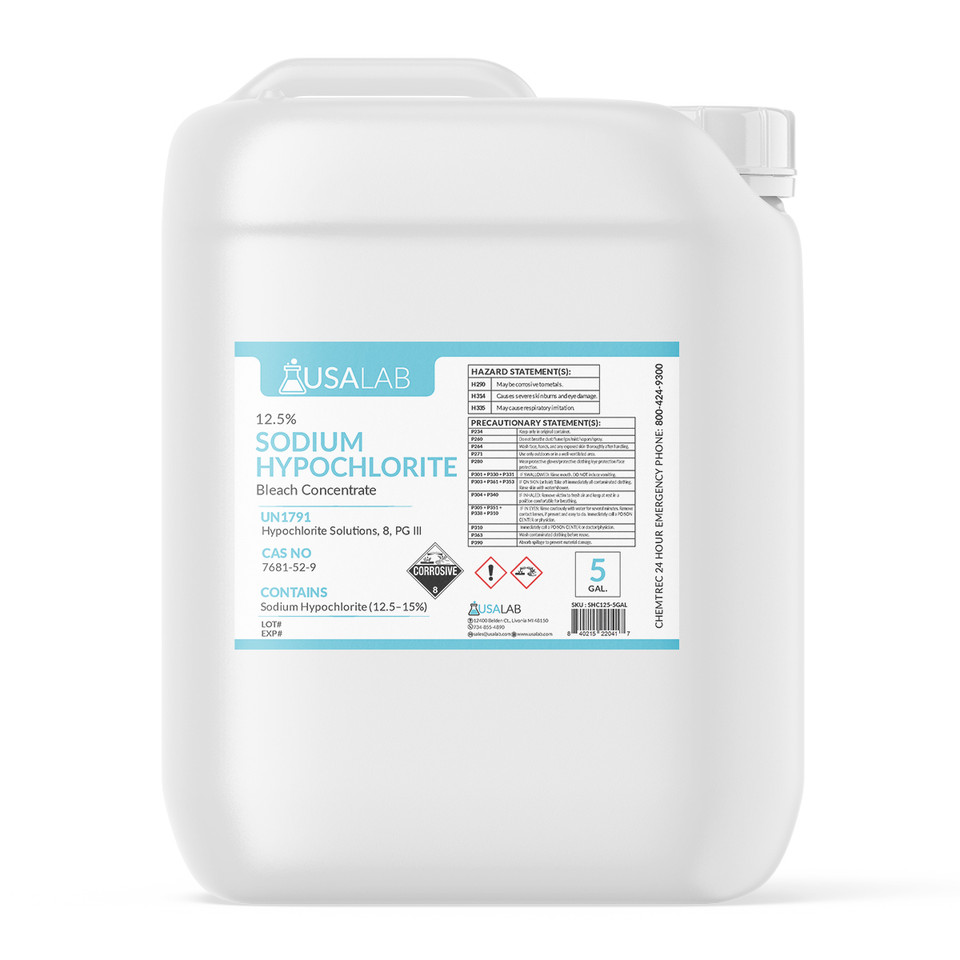5 gallon sodium hypochlorite bleach solution 12.5% in HDPE container