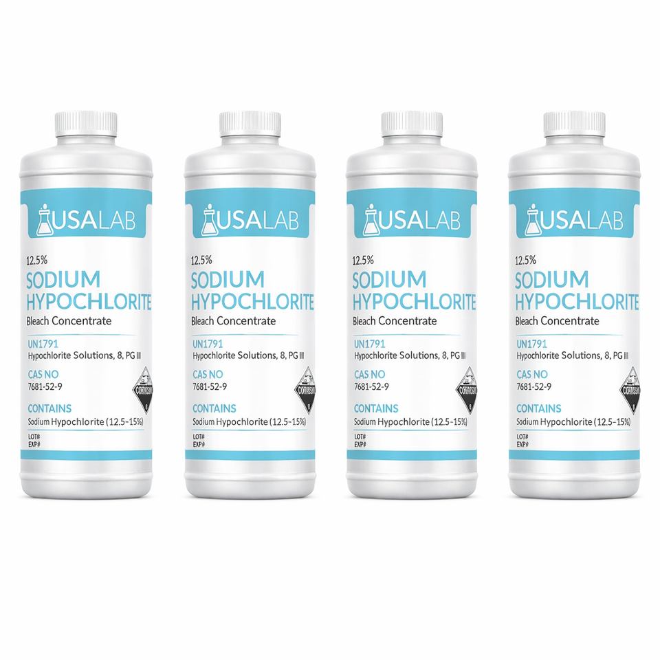Four quart bottles of 12.5% sodium hypochlorite bleach concentrate with hazard labels