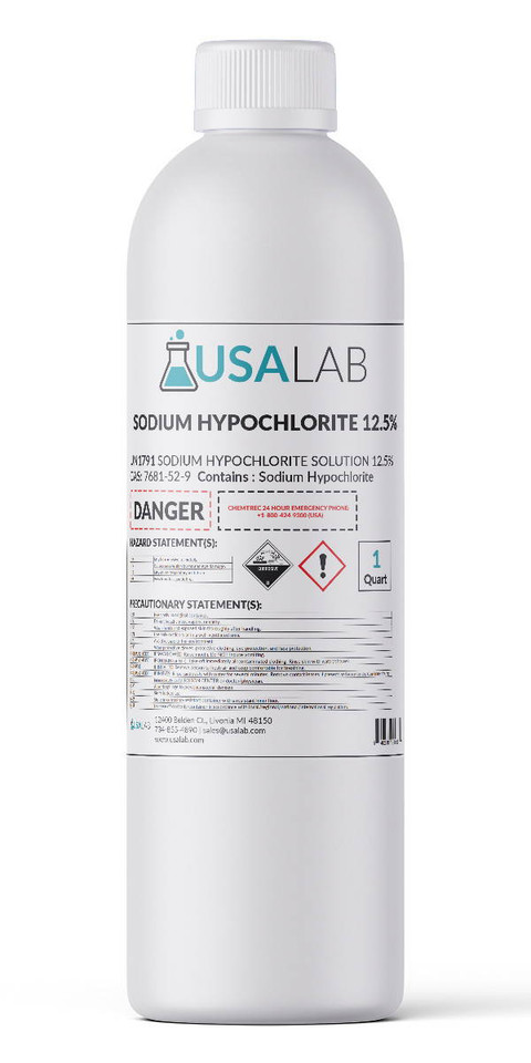 Sodium Hypochlorite 12.5% solution in industrial-grade container, bulk bleach chemical for cleaning, sanitation, and water treatment.