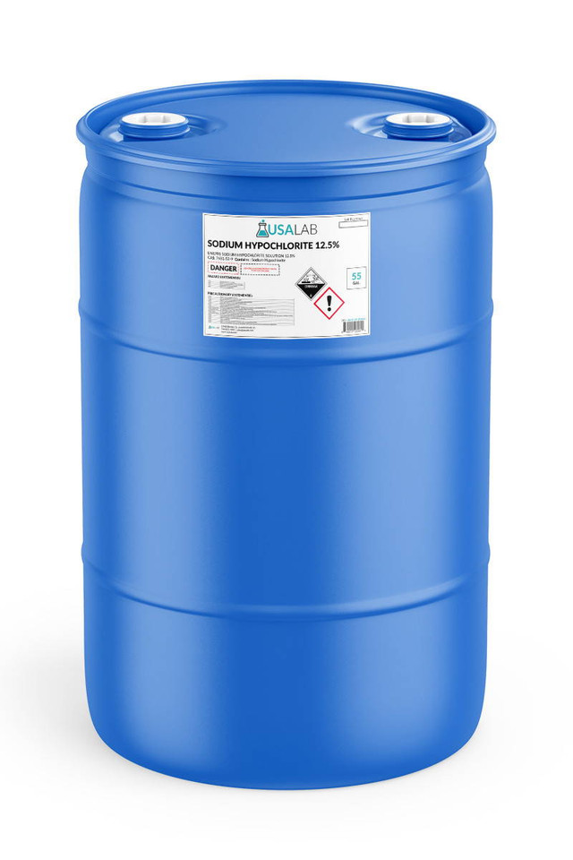 Sodium Hypochlorite 12.5% solution in industrial-grade container, bulk bleach chemical for cleaning, sanitation, and water treatment.