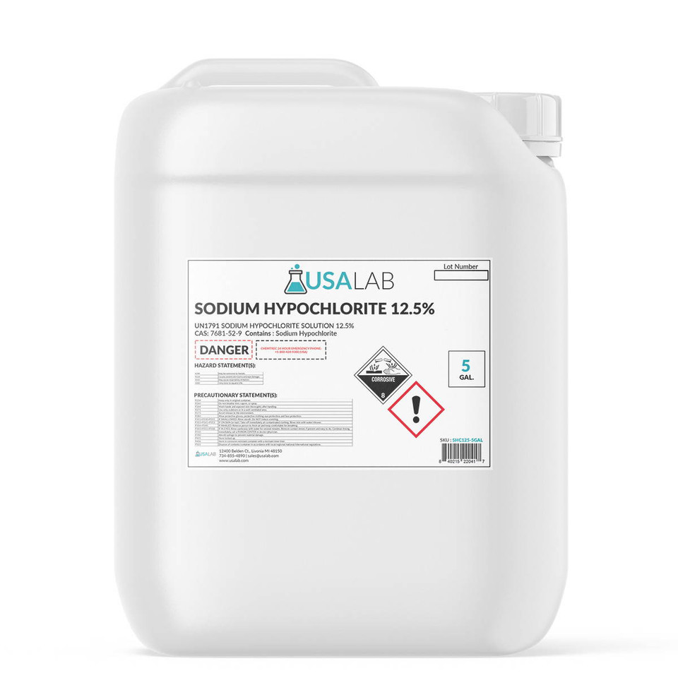 Sodium Hypochlorite 12.5% solution in industrial-grade container, bulk bleach chemical for cleaning, sanitation, and water treatment.