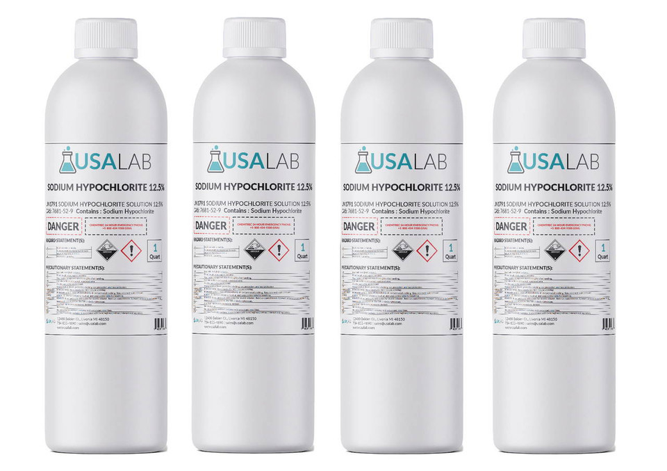 Sodium Hypochlorite 12.5% solution in industrial-grade container, bulk bleach chemical for cleaning, sanitation, and water treatment.