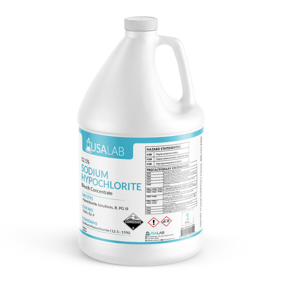 1 gallon sodium hypochlorite 12.5% bleach concentrate chemical jug with safety labeling