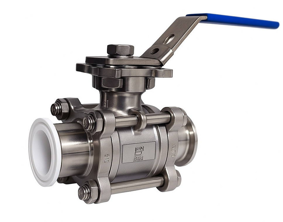 USA Lab PTFE/ETFE/PFA lined Tri-Clamp ball valve, stainless steel body with white fluoropolymer lining and quarter-turn handle – available in 1.5-inch and 2-inch sanitary clamp sizes, rated 1,000 PSI for chemical and laboratory applications.