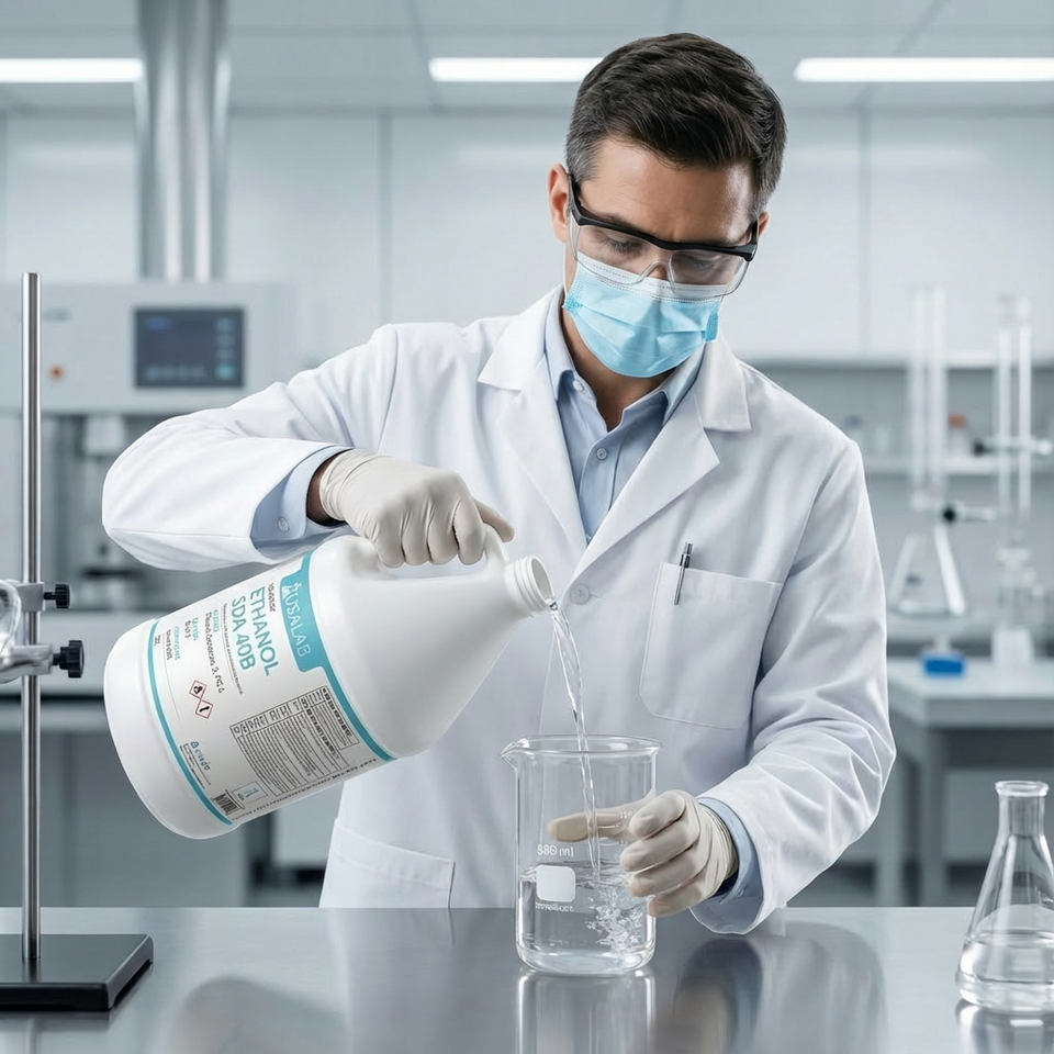 USA Lab Ethanol 200 Proof SDA 40B USP Grade Perfumers Alcohol, Scientist pouring ethanol