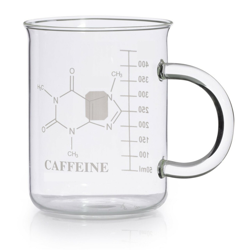USA Lab beaker-style glass coffee mug with caffeine molecule design and measurement markings on a white background